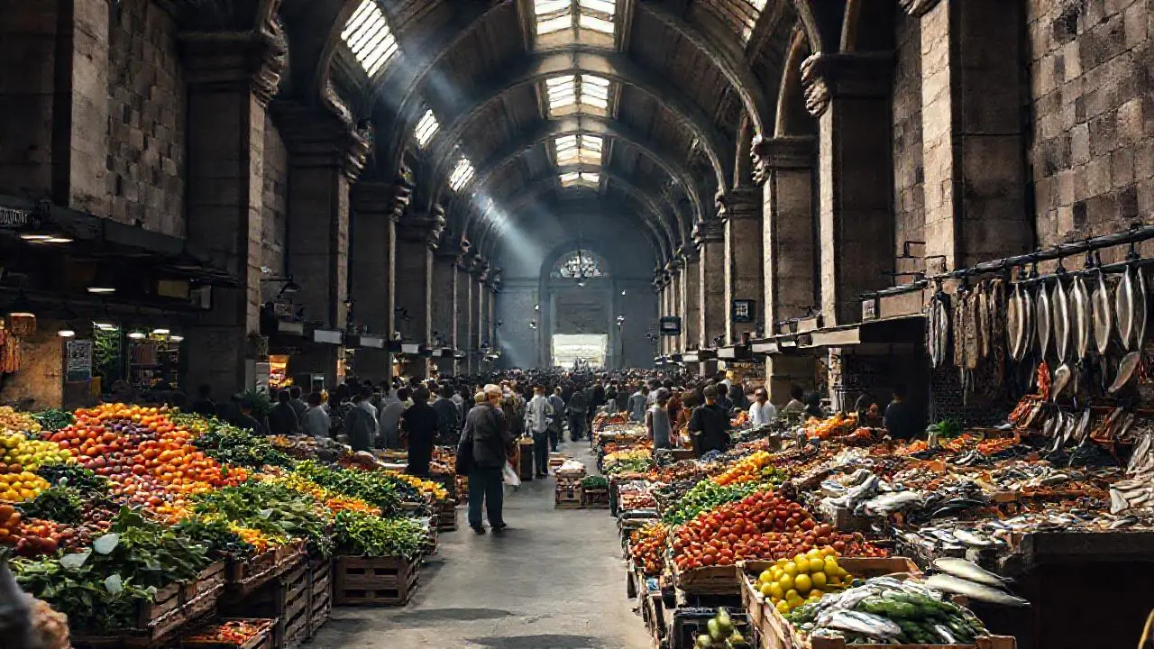 Mercado bullicioso, luz tenue y textura