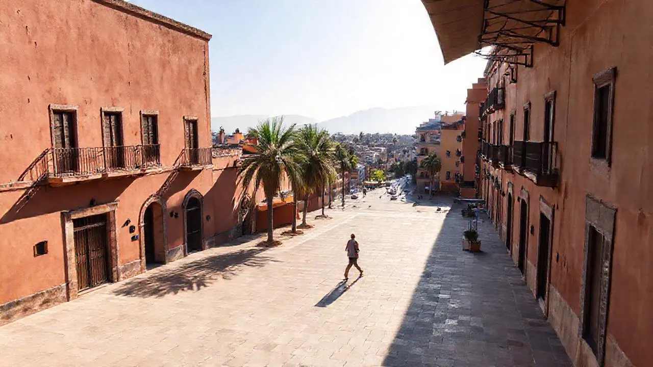 Plaza urbana cálida, luminosa y serena