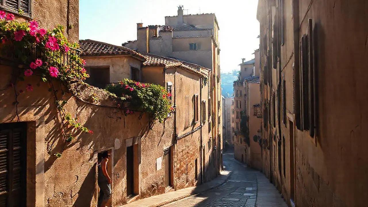 Calle antigua, luz suave, ambiente tranquilo