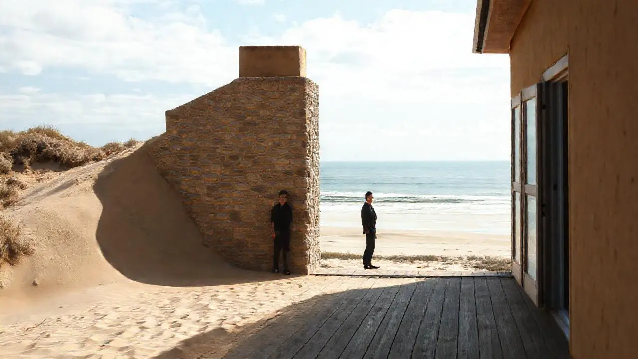 Tranquila escena costera, luz cálida y abierta