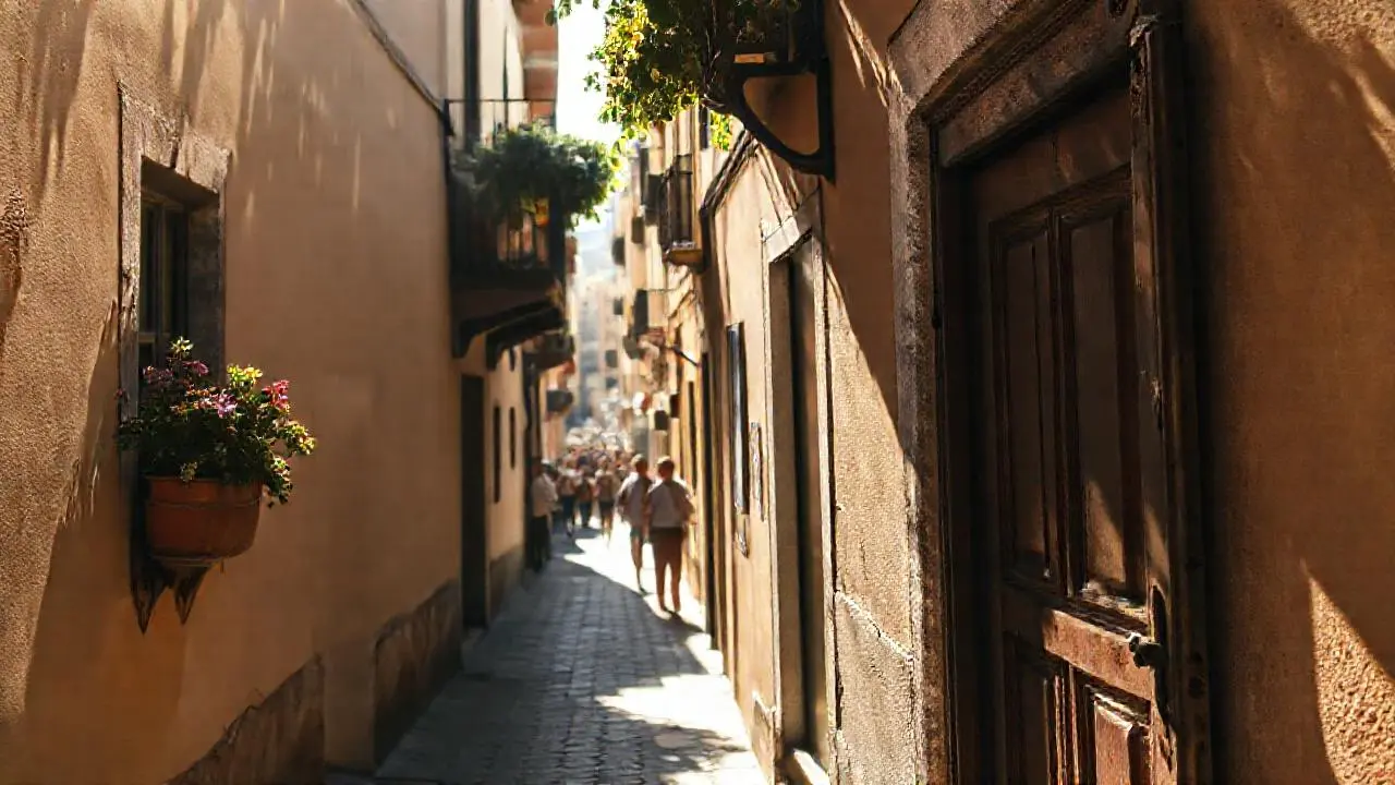 Escena urbana tranquila, cálida y nostálgica