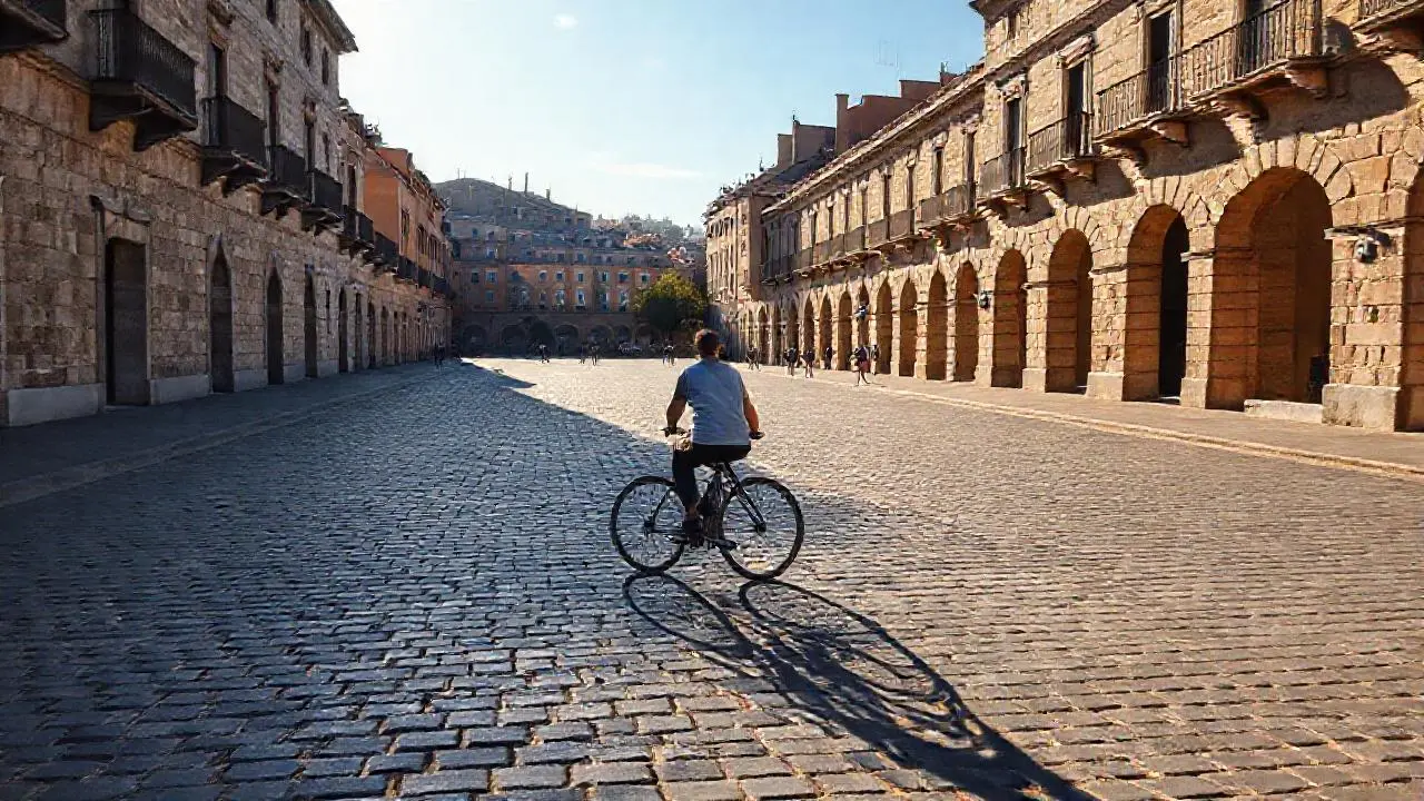Plaza soleada, arquitectura tradicional, ambiente cálido