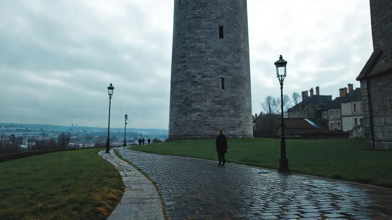 Torre antigua, paisaje brumoso y tranquilo