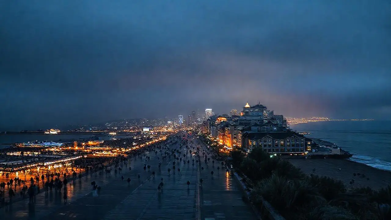Ciudad costera, luces cálidas y brumosas