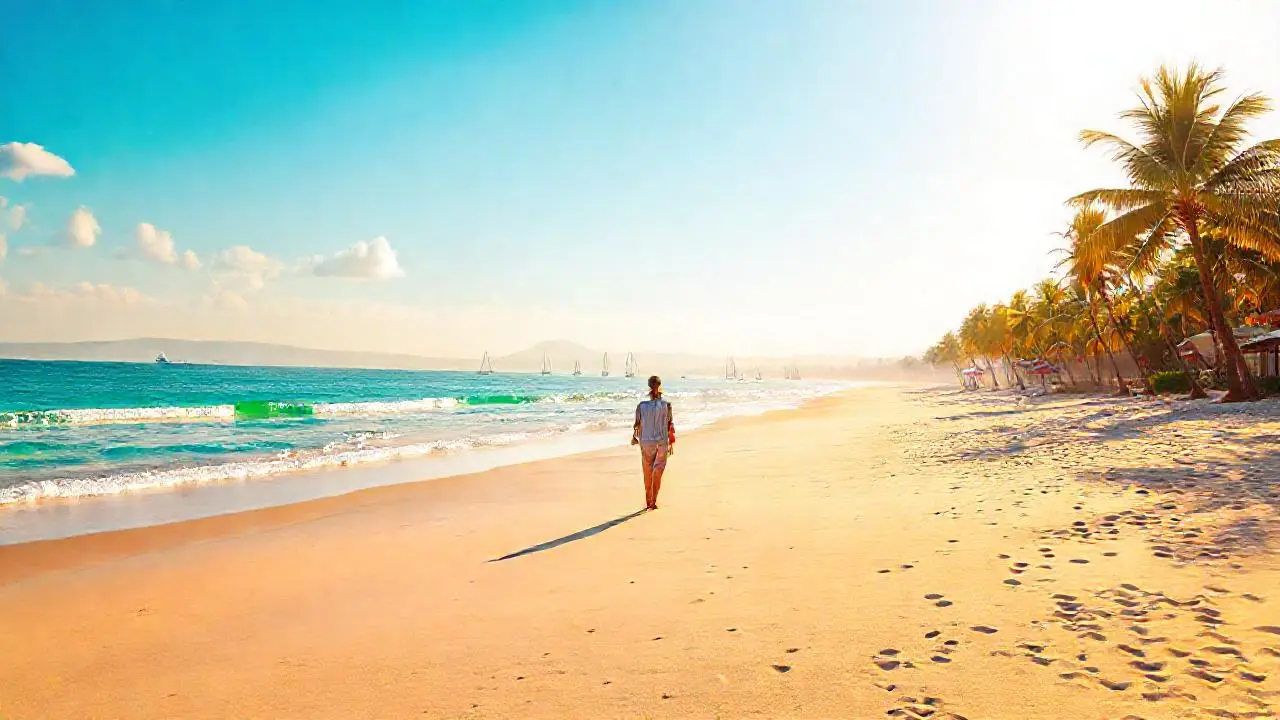 Playa serena, luz cálida y abierta