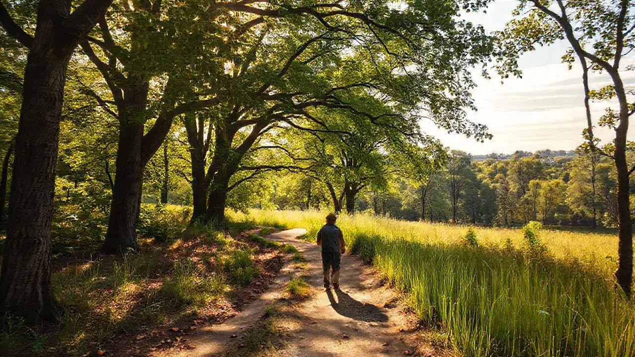Bosque tranquilo, luz cálida, y figura caminando