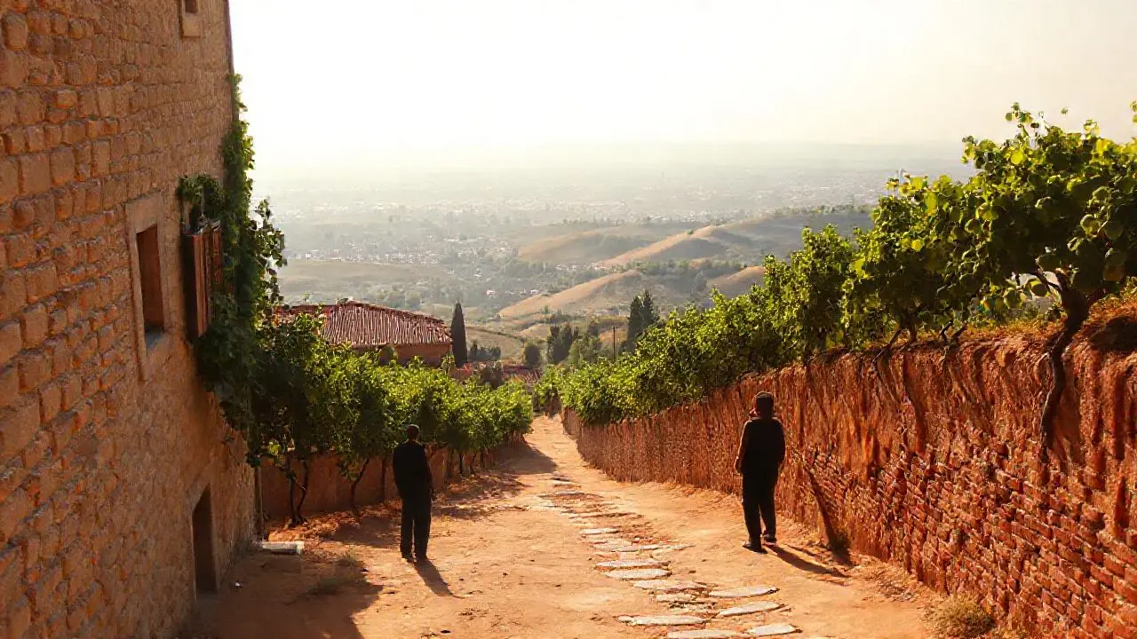 Paisaje tranquilo, arquitectura antigua y luz cálida