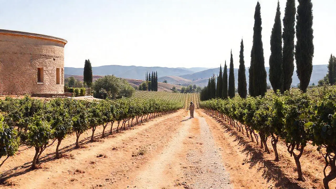 Paisaje rural, viñedos, luz cálida y silenciosa