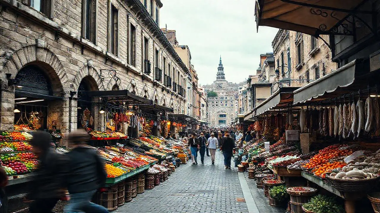 Mercado bullicioso, ambiente urbano y realista