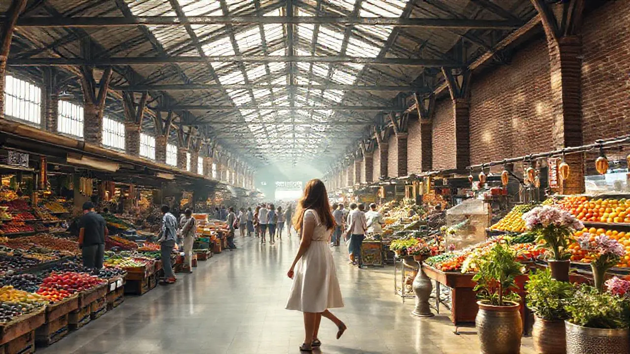 Mercado antiguo, luminoso y ligeramente brumoso