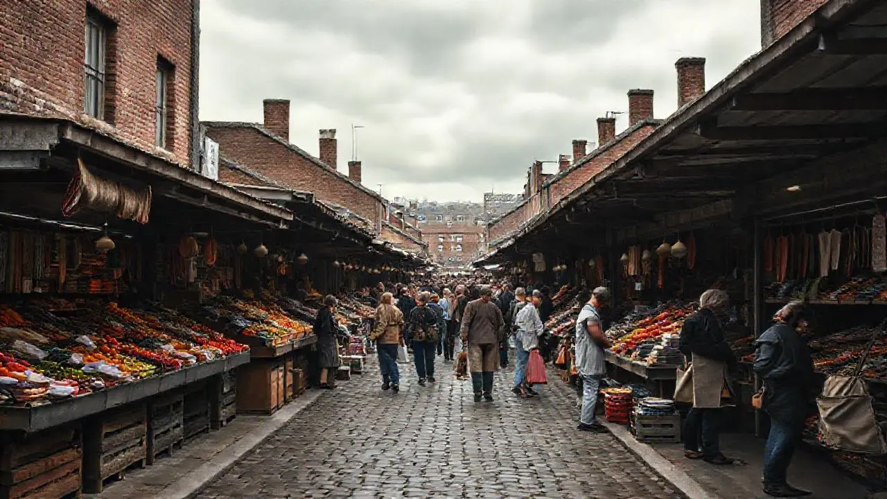 Mercado bullicioso, ambiente antiguo y vibrante