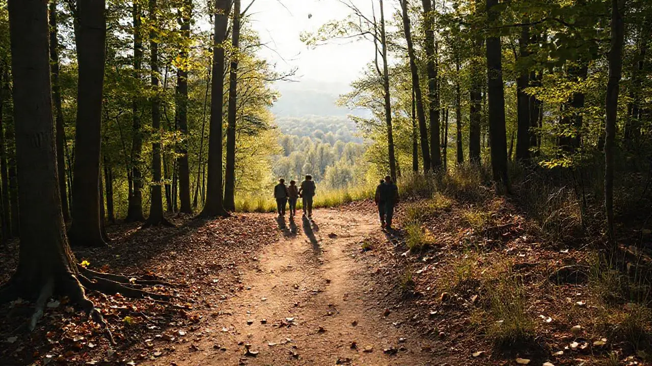 Bosque tranquilo, familia caminando por un sendero