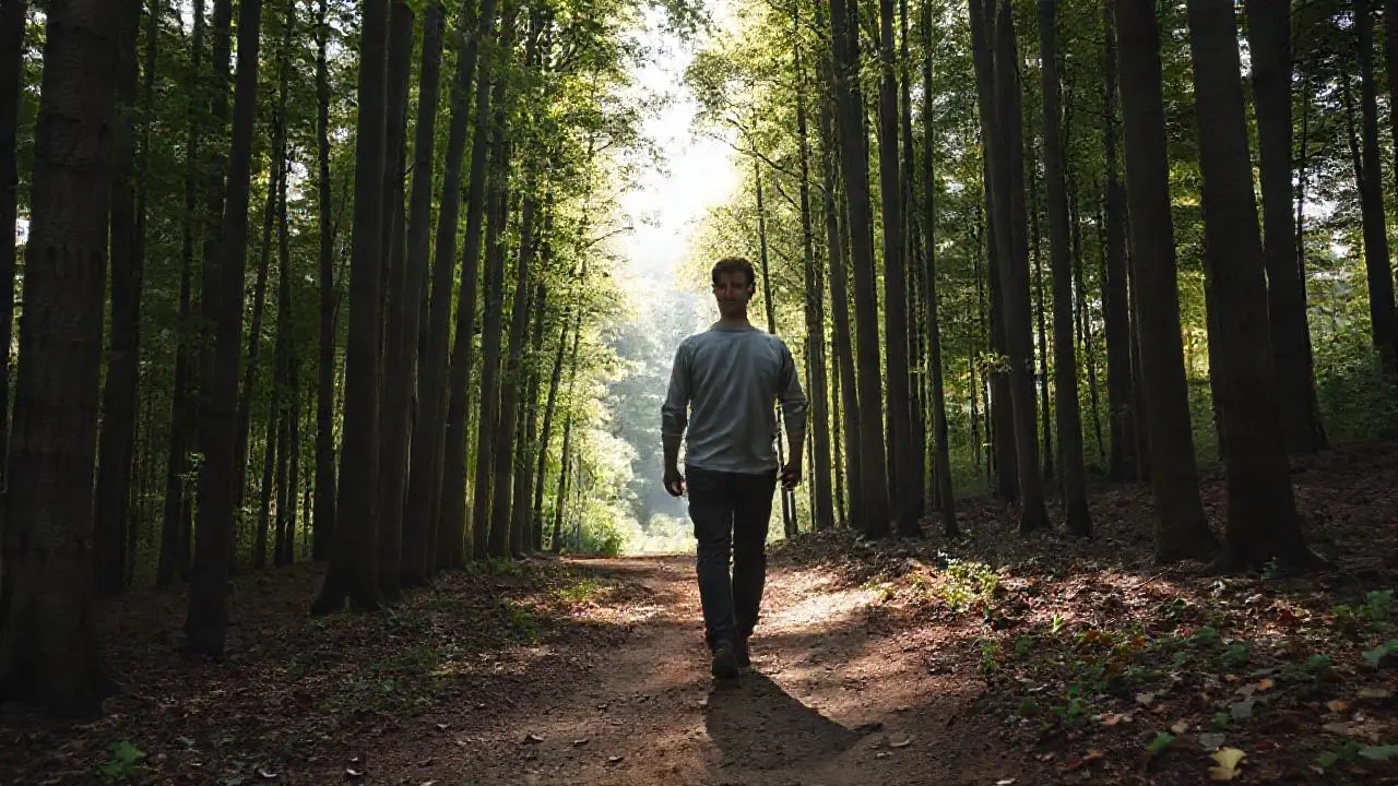 Bosque sereno, hombre camina en profundidad