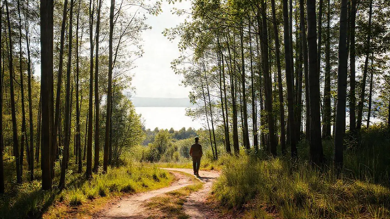 Un ser camina en bosque tranquilo