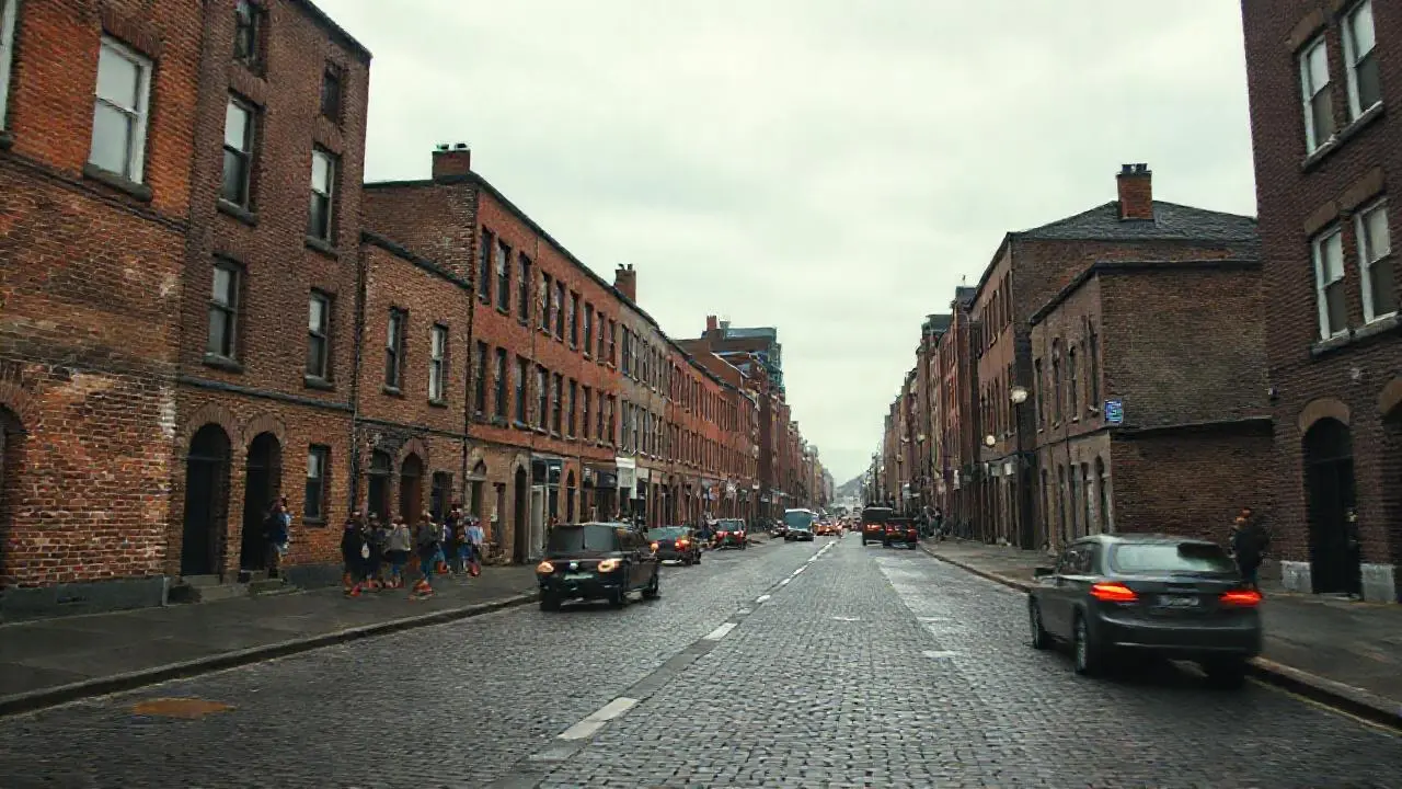 Calle húmeda, edificios antiguos y ambiente urbano