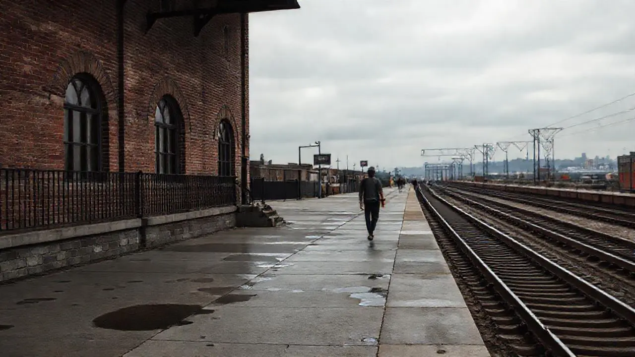 Estación desolada, ambiente melancólico y realista