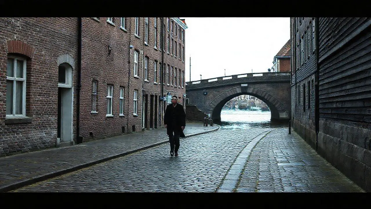 Calle adoquinada, ambiente melancólico y distante