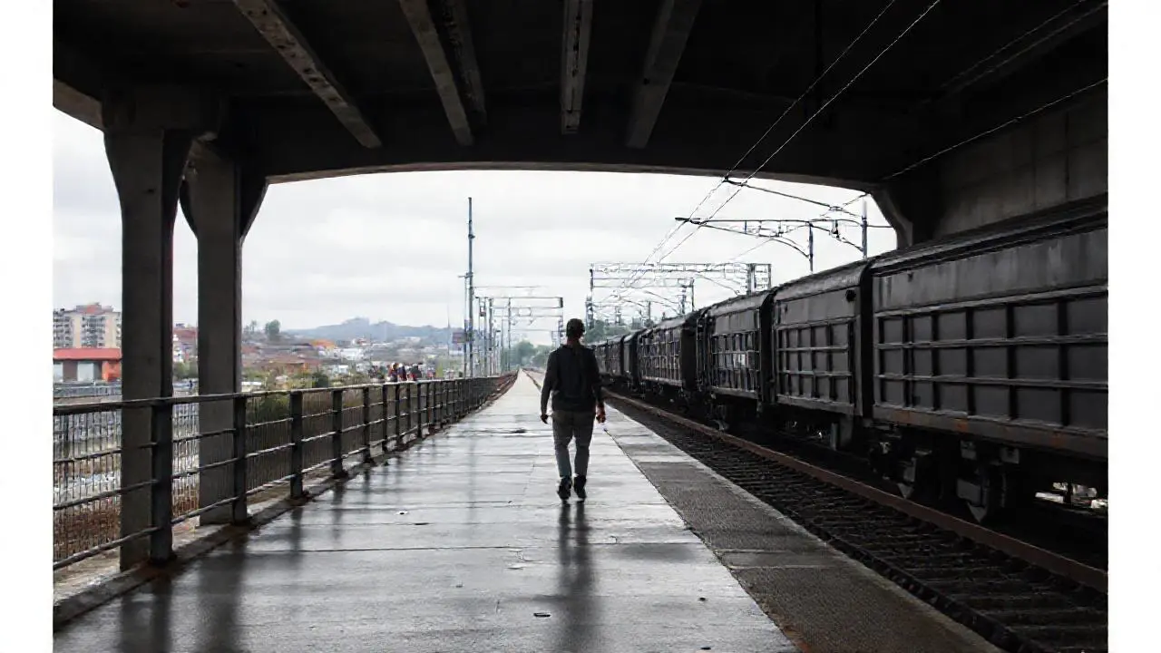 Estación de tren melancólica con viajero