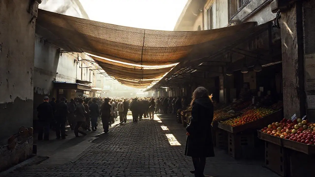 Mercado vibrante, polvoriento y lleno de vida