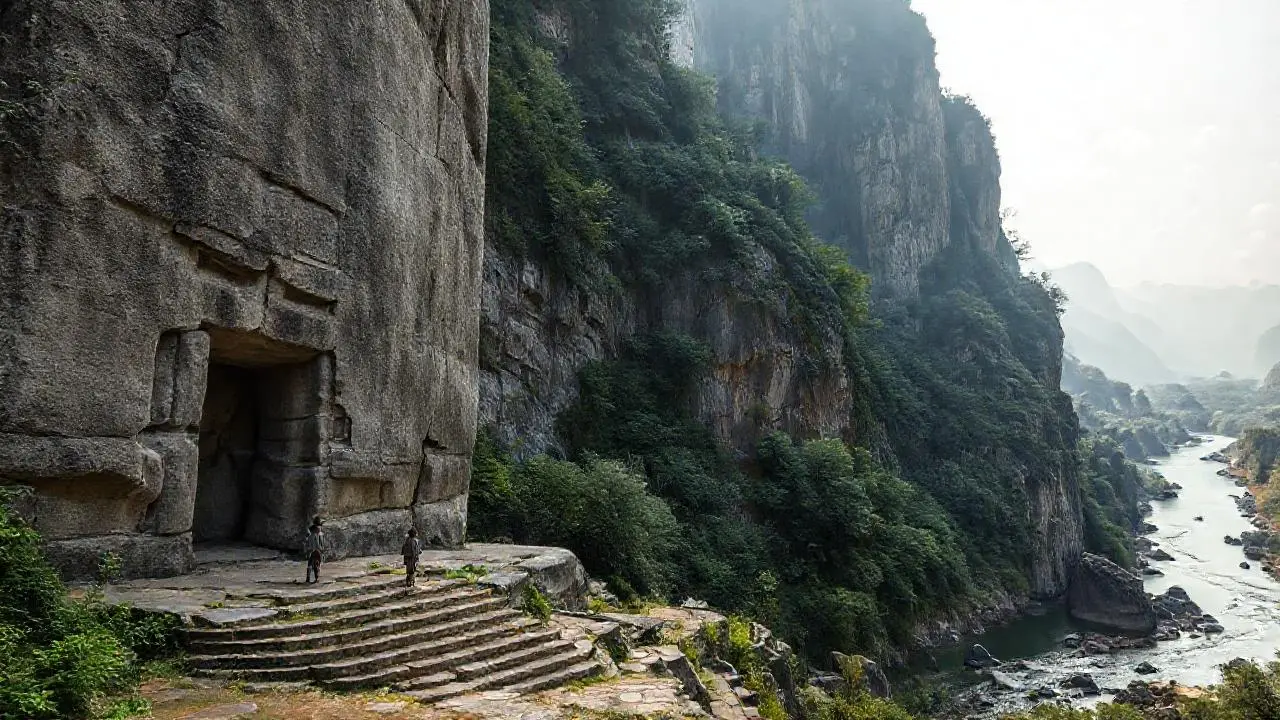 Majestuosa escultura natural en paisaje brumoso