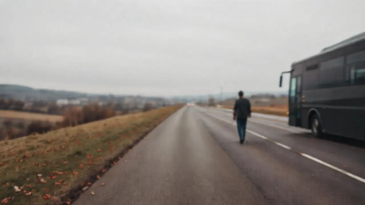 Paisaje otoñal con carretera y figura solitaria