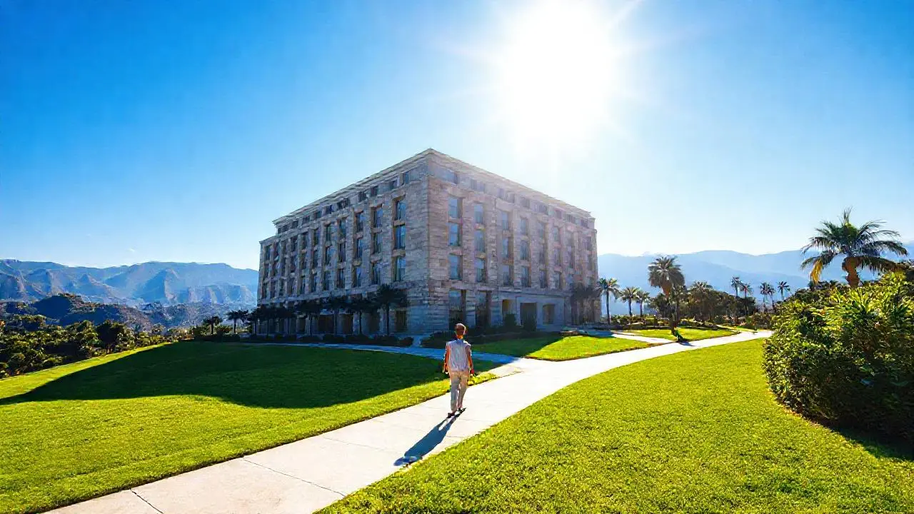Edificio moderno en paisaje soleado y abierto