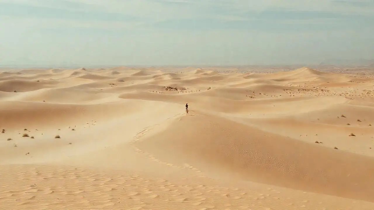 Desierto vasto, figura solitaria y lejana