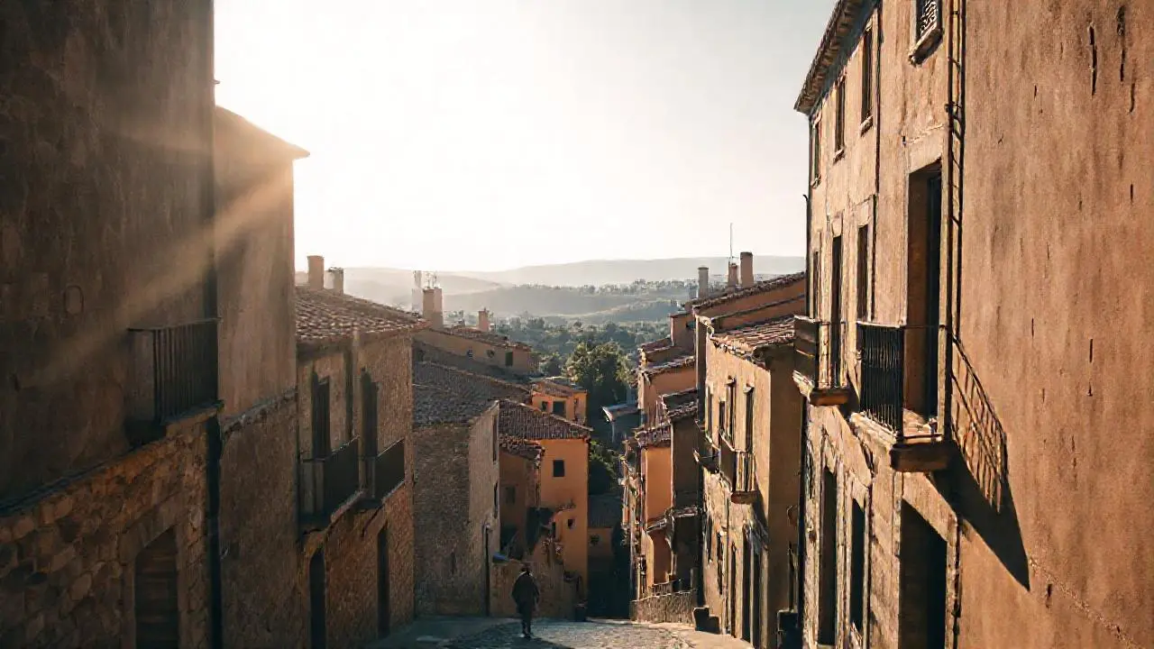 Pueblo antiguo, luz cálida y tranquila