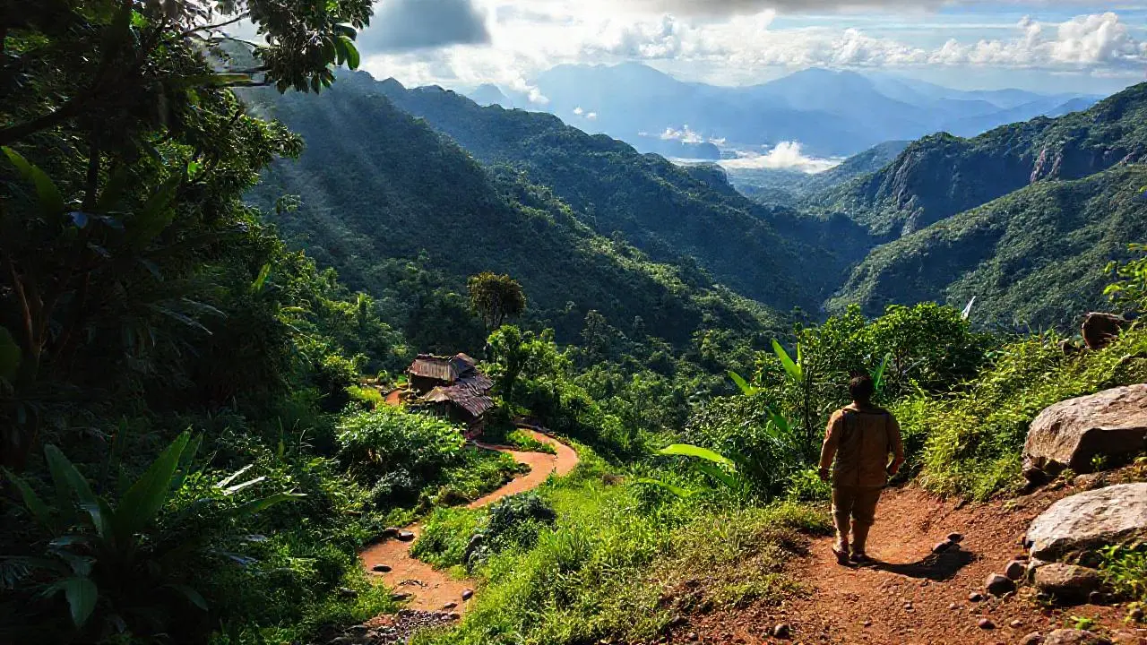 Montaña tropical, sendero, y cabaña solitaria