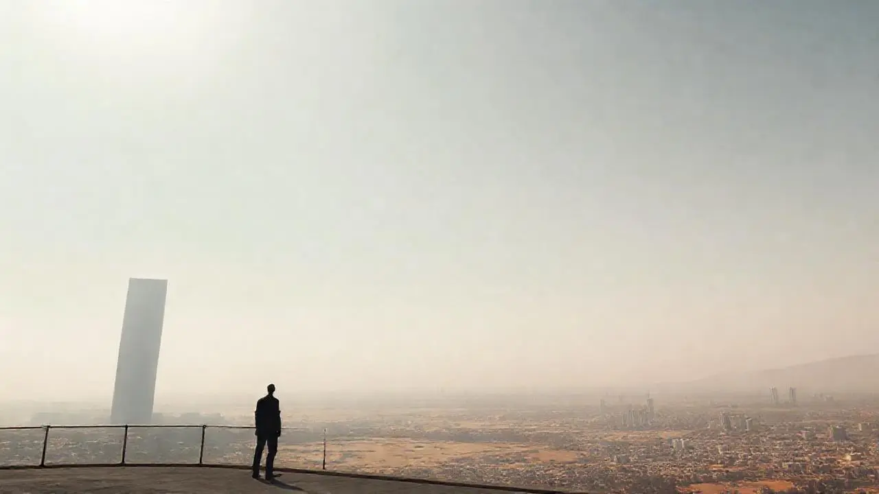 Ciudad lejana, silueta solitaria y ambiente difuso
