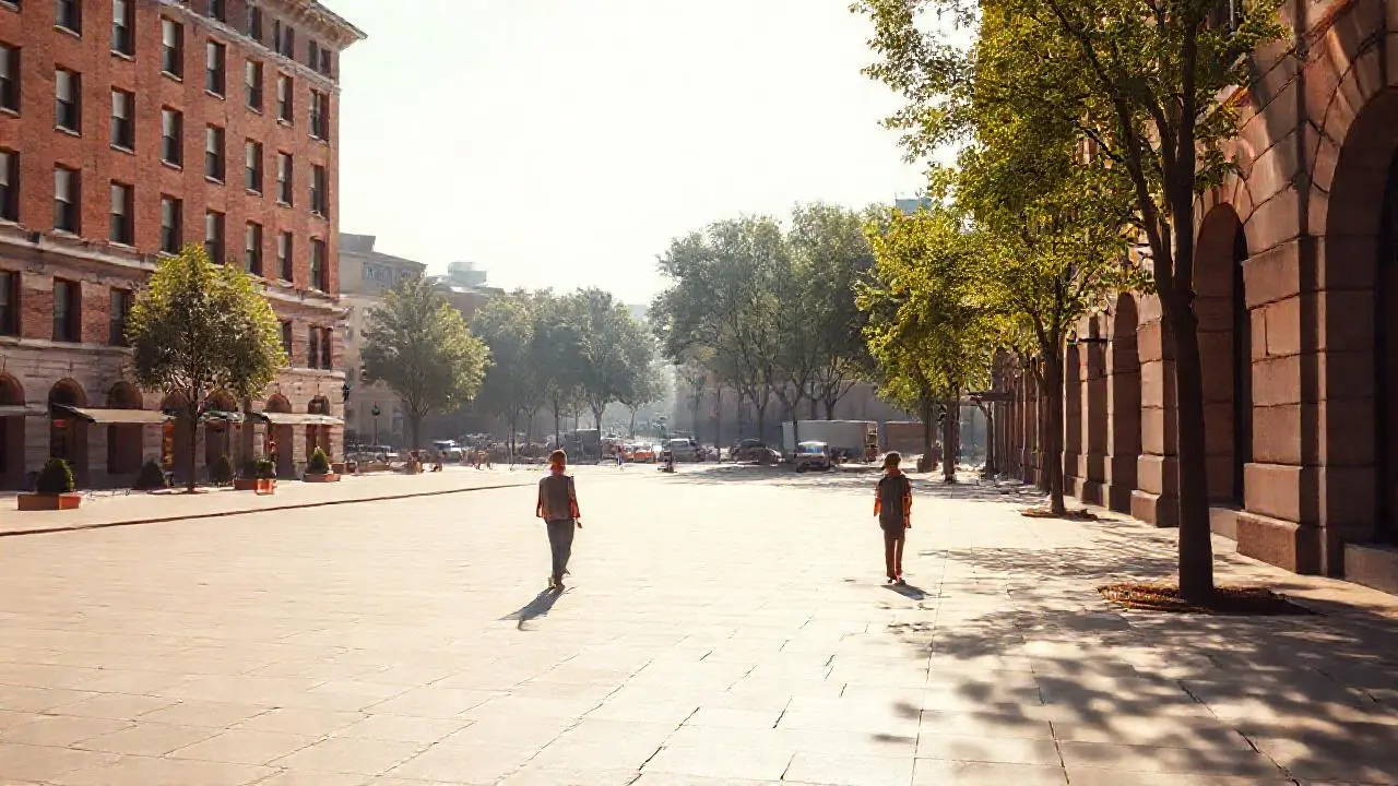Plaza urbana tranquila, iluminada y serena