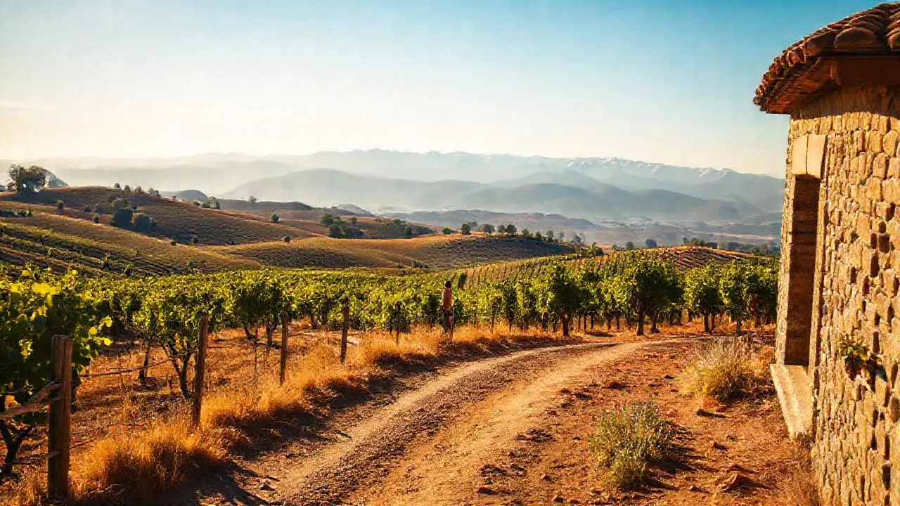 Viñedo soleado, amplio y sereno