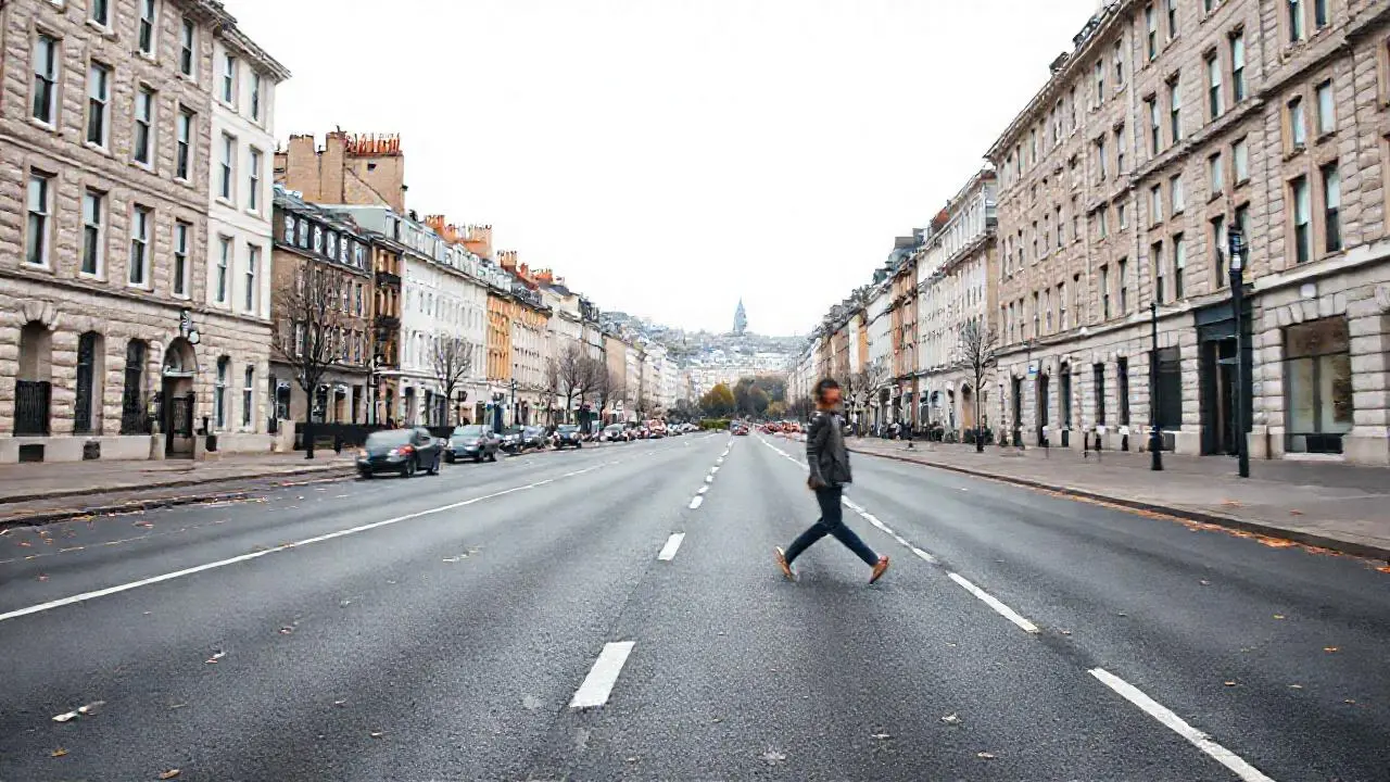 Calle urbana gris, melancólica y espaciosa