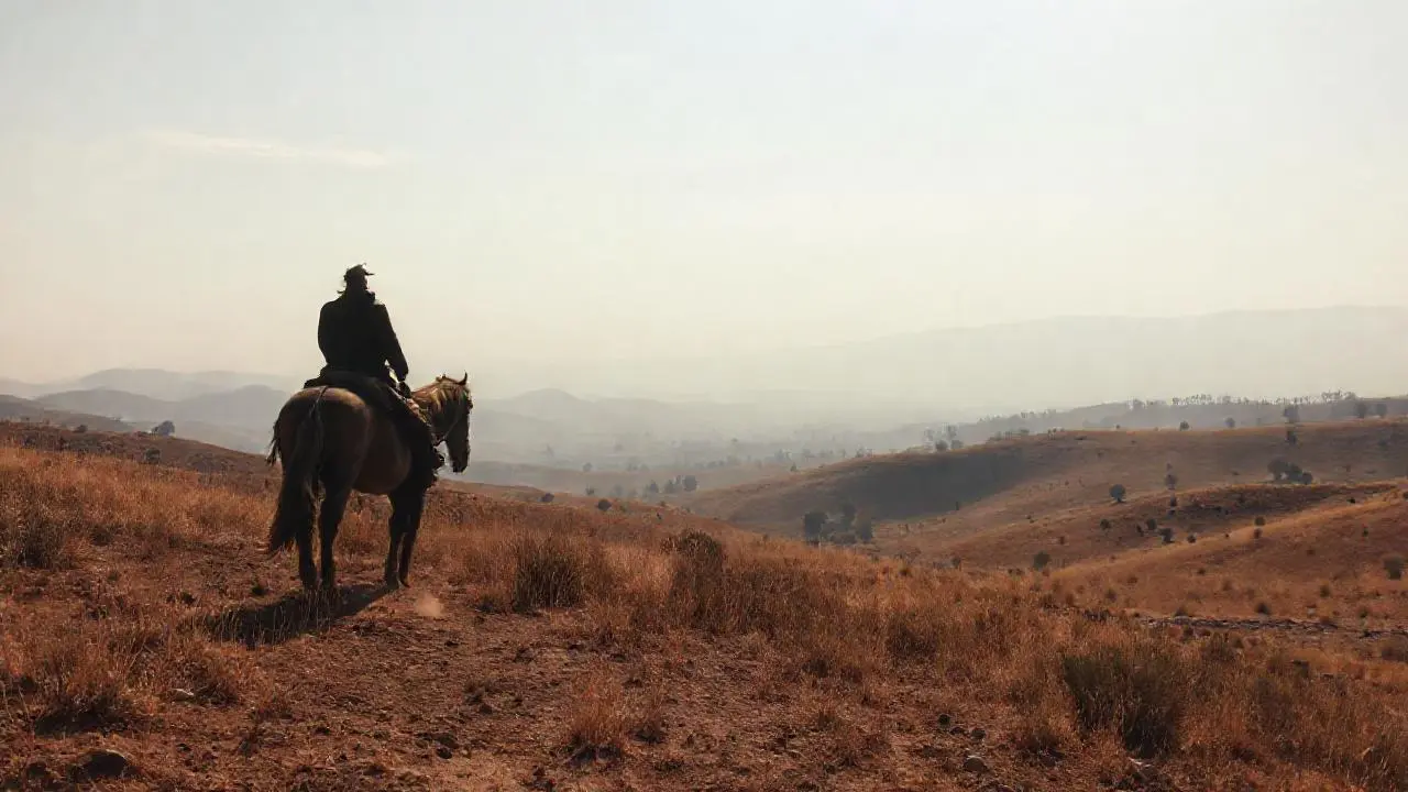 Paisaje vasto y silencioso, un jinete solitario