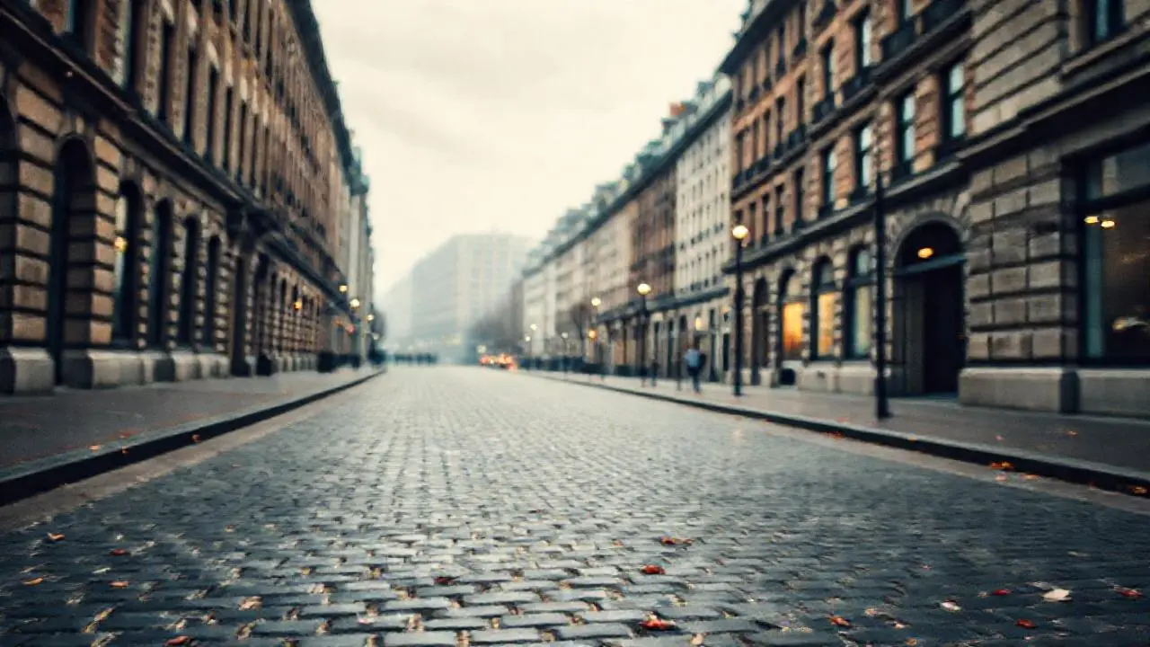 Calle urbana, silenciosa y ligeramente brumosa