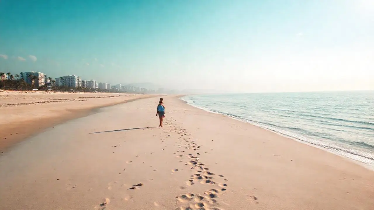 Playa tranquila, luz suave y figura solitaria