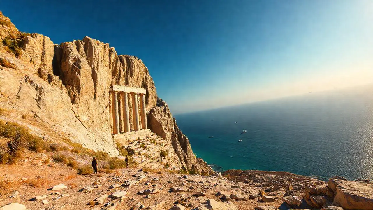 Paisaje costero antiguo, vasto y sereno