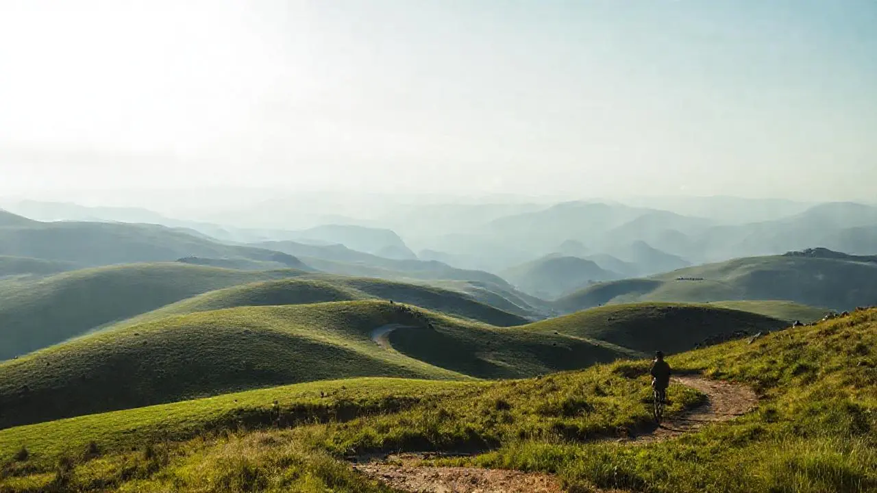 Paisaje sereno y vasto, un ciclista solitario