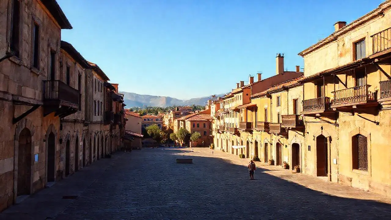 Pueblo antiguo, luz cálida y tranquila