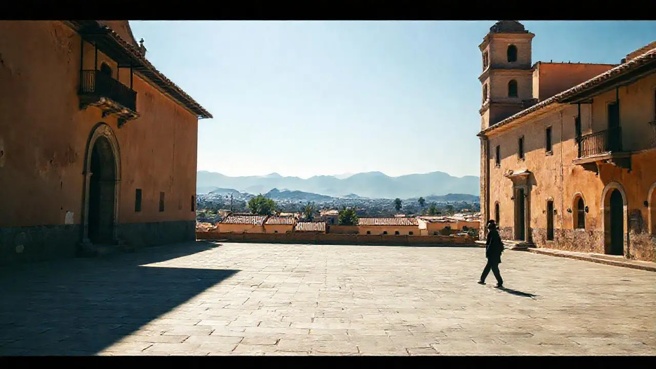 Plaza colonial, antigua, soleada y tranquila