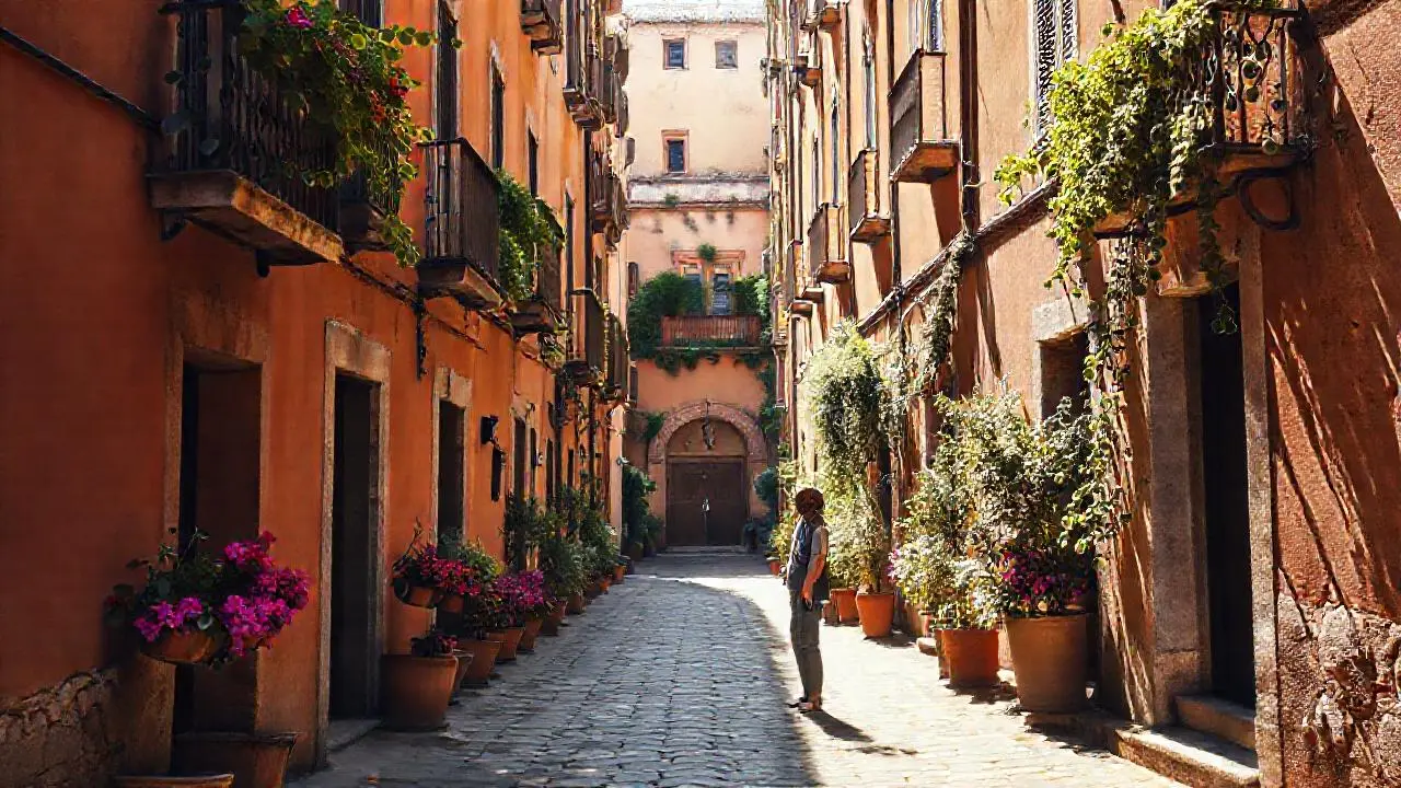 Calle antigua, luz cálida y tranquila