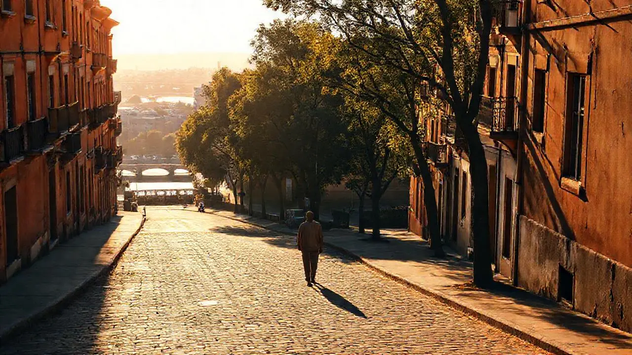 Tranquila escena urbana, cálida y nostálgica