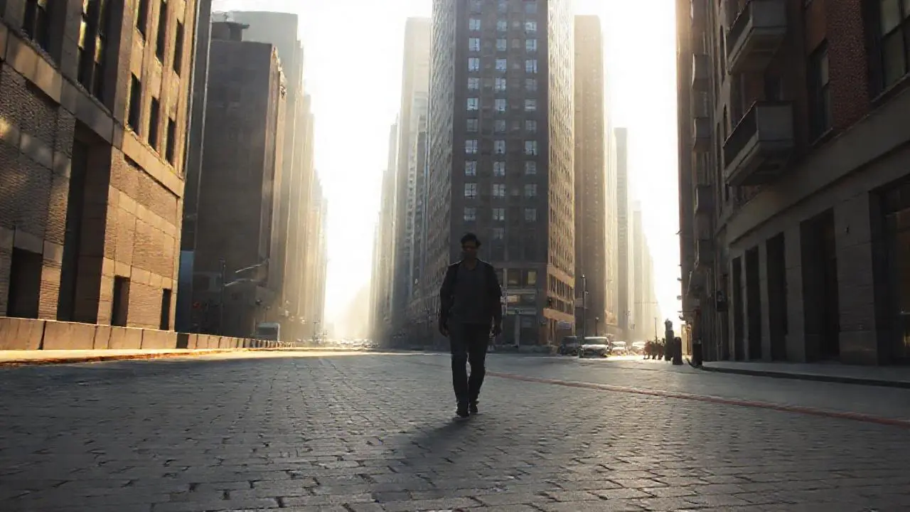 Calle urbana tranquila, luz suave y distante