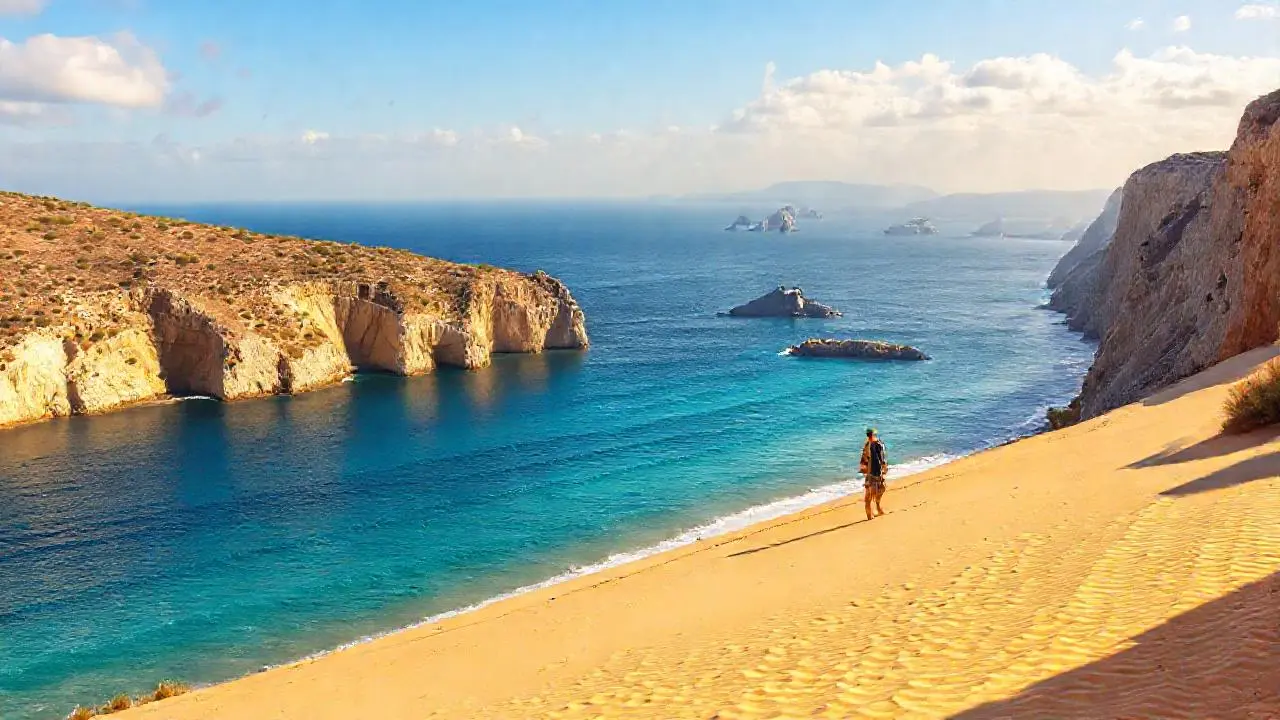 Tranquila costa mediterránea, luz cálida y arena