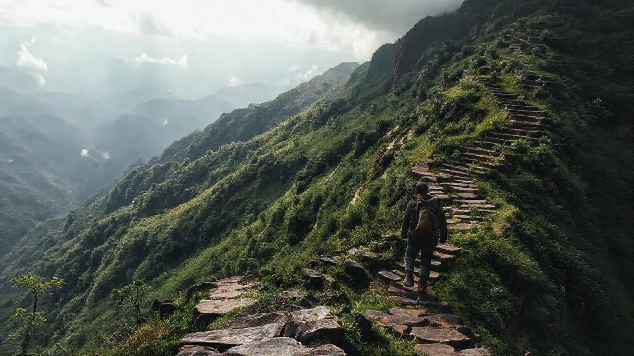 Paisaje montañoso, extenso y ligeramente brumoso