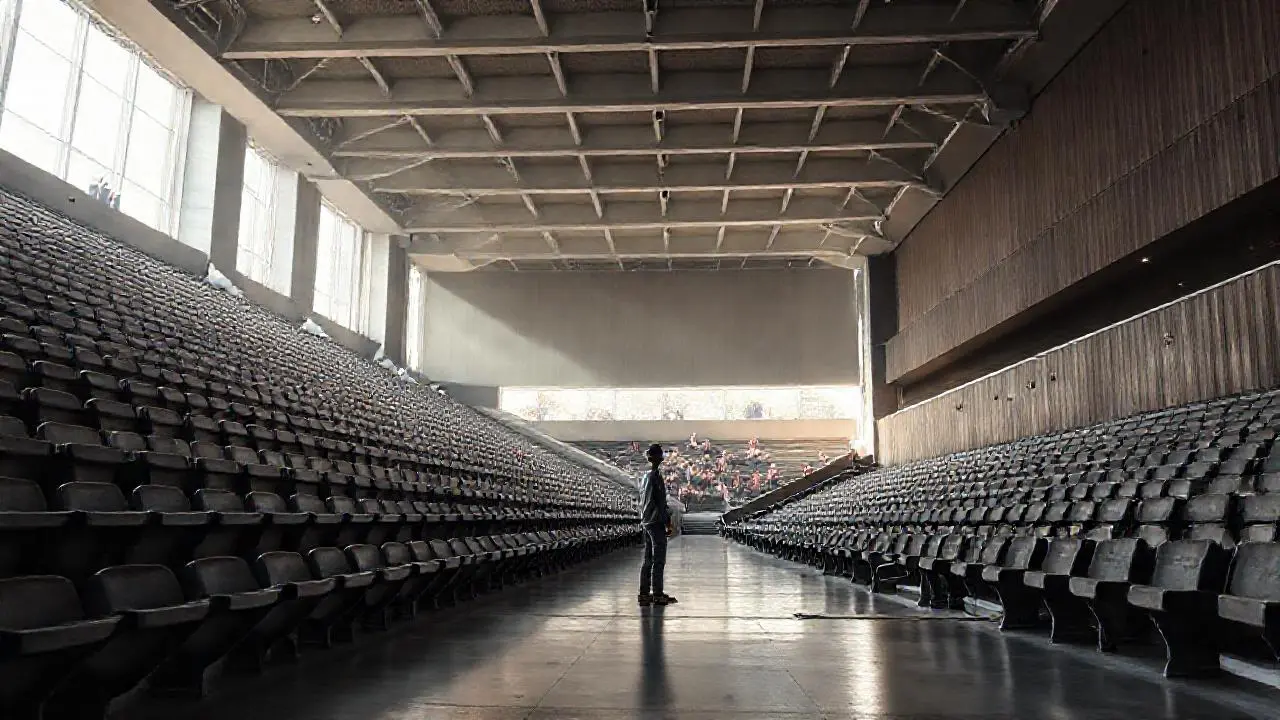 Estadio amplio, realista y ligeramente polvoriento