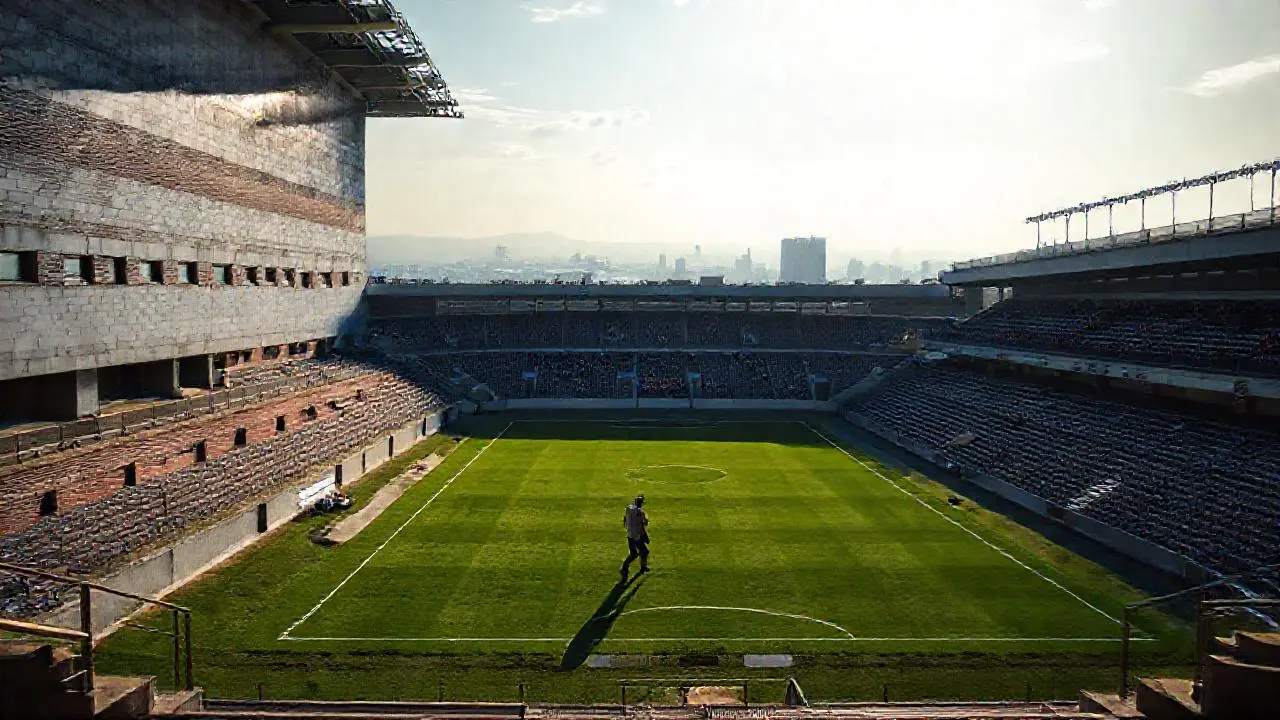 Estadio vacío, imponente y ligeramente envejecido