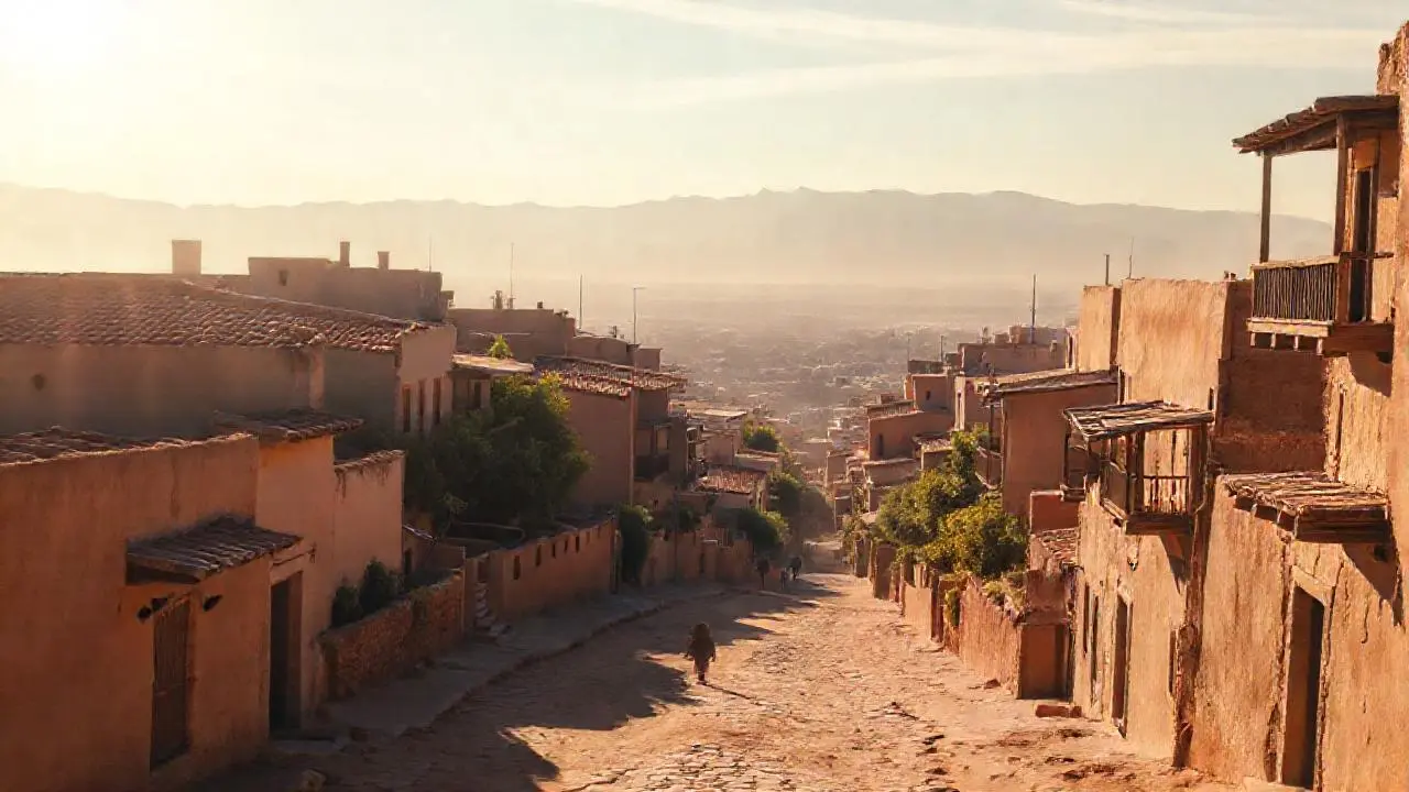 Pueblo antiguo, tranquilo, bajo luz cálida