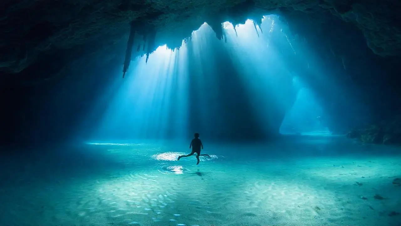Un nadador en una cueva azul