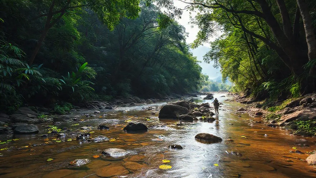 Selva exuberante, río y figura serena